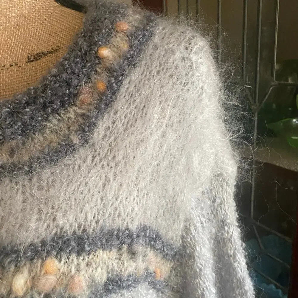 Vintage 70s 80s Handmade Mohair Wool Blend Sweater Fuzzy Knit Tunic Gray Long